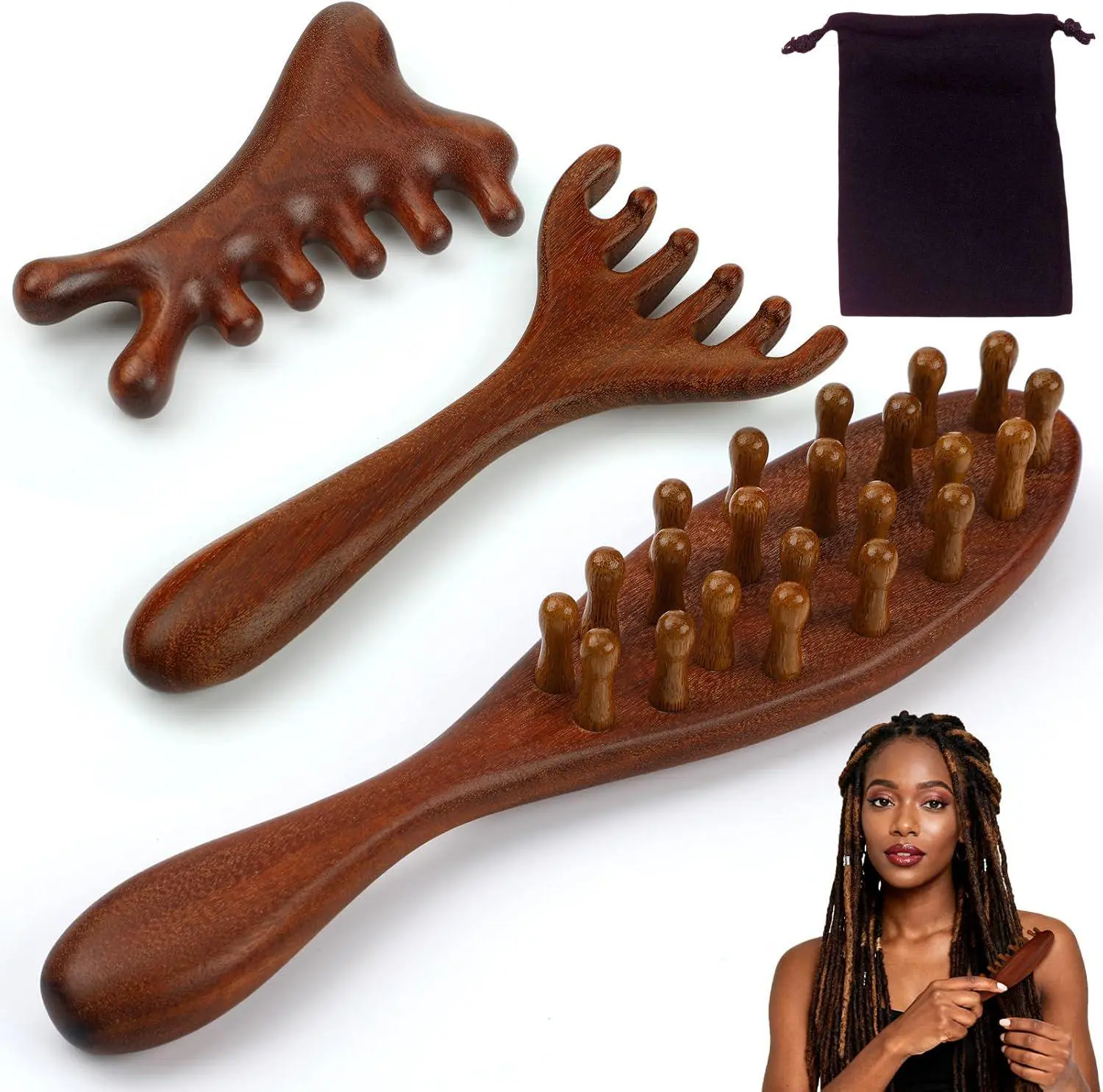 3-Pack Natural Wood Scalp Massager Tool Set with Storage Bag, Long Handle Smooth Head Massager Loc Comb for Dreads, Multifunctional Hair Tool for Men