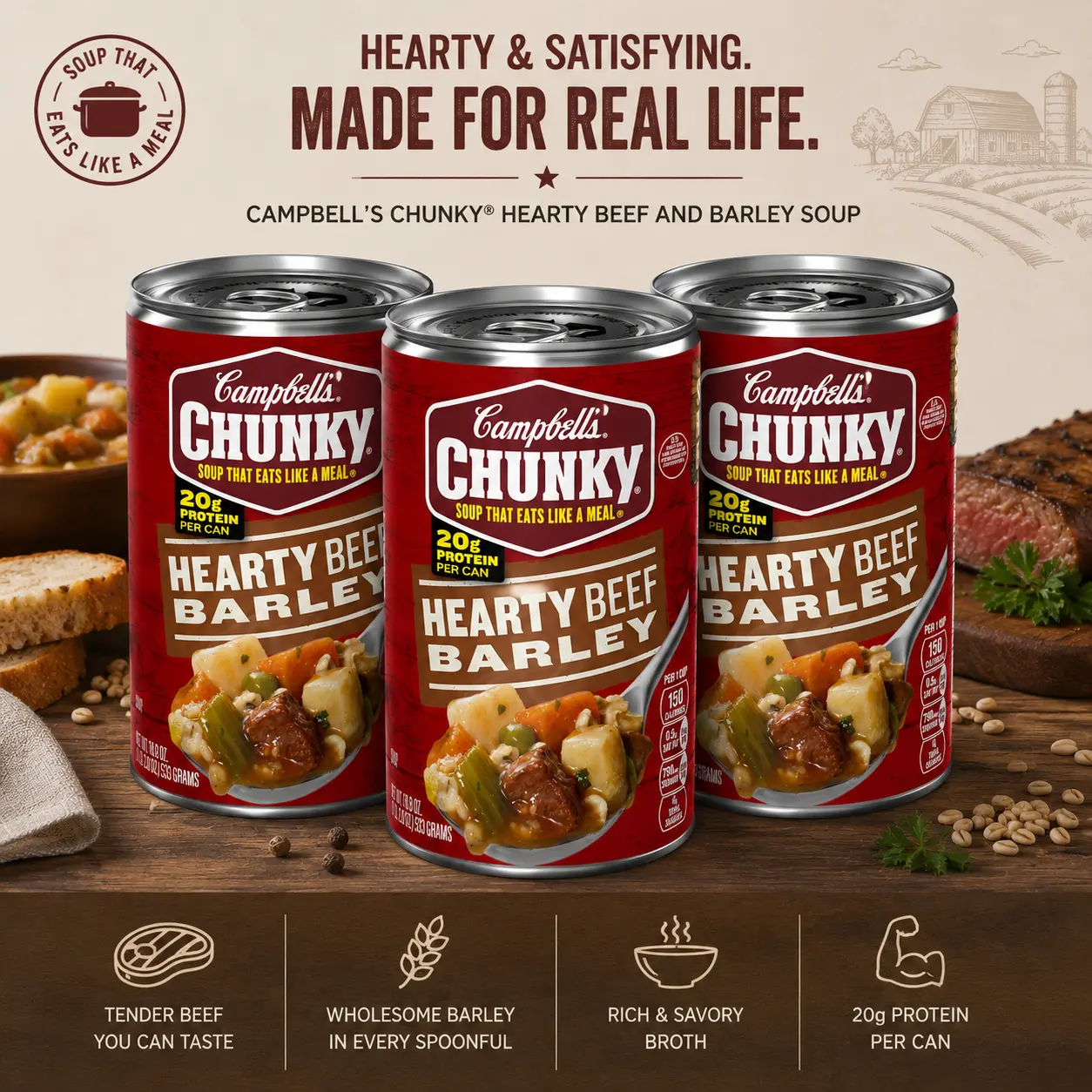 Campbell's Chunky Soup, Hearty Beef and Barley Soup, 18.8 Oz Can