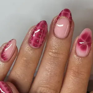 24pcs Clear Nude Foundation, Raspberry Powder Snake Pattern, Gold Foil Edge, Glitter Accent, Medium Oval Nails, Versatile and Stylish