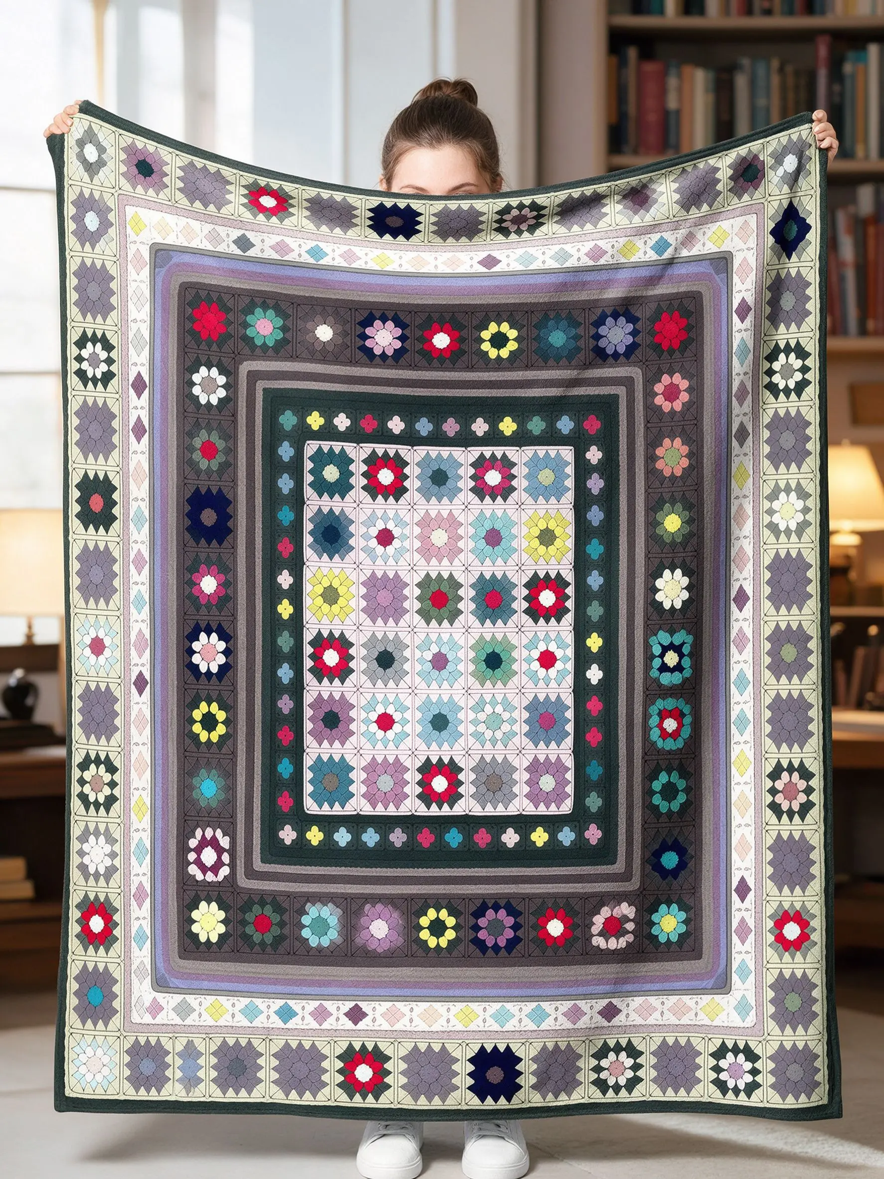 Vintage Patchwork Floral Fleece Throw Blanket, Granny Square Geometric Print Flannel Blanket for Sofa Bedroom Decor
