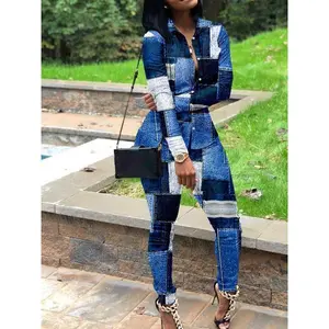 Two-piece Set Women's Denim-effect Print Button Front Shirt & Elastic Waist Pants, Casual Long Sleeve Collared Top & Skinny Trousers for Daily Wear, Ladies Fall & Winter Clothes