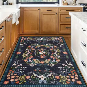 Soft Low-Pile Vintage Floral Kitchen Area Rug, Non-Slip Washable Design, Perfect for Kitchen, Living Room, Bedroom, Bathroom, Floral Rugs