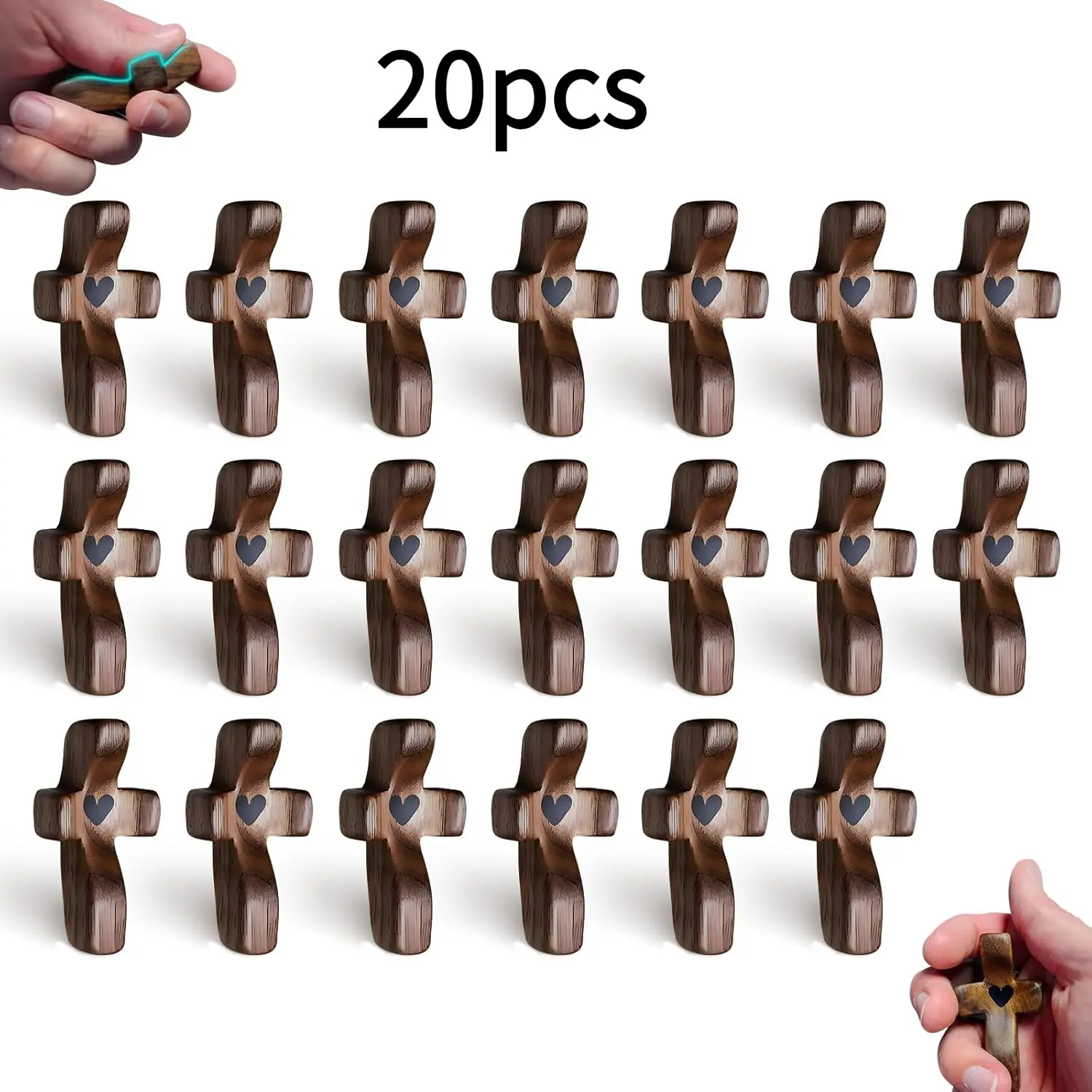 3PCS/6PCS/10PCS/20PCS20PCS Dark Brown & Light Wood Handcrafted Wooden Heart Pocket Cross - Christian My Heart Prayer Cross with Heart Cutout | Anxiety Relief Faith Gift