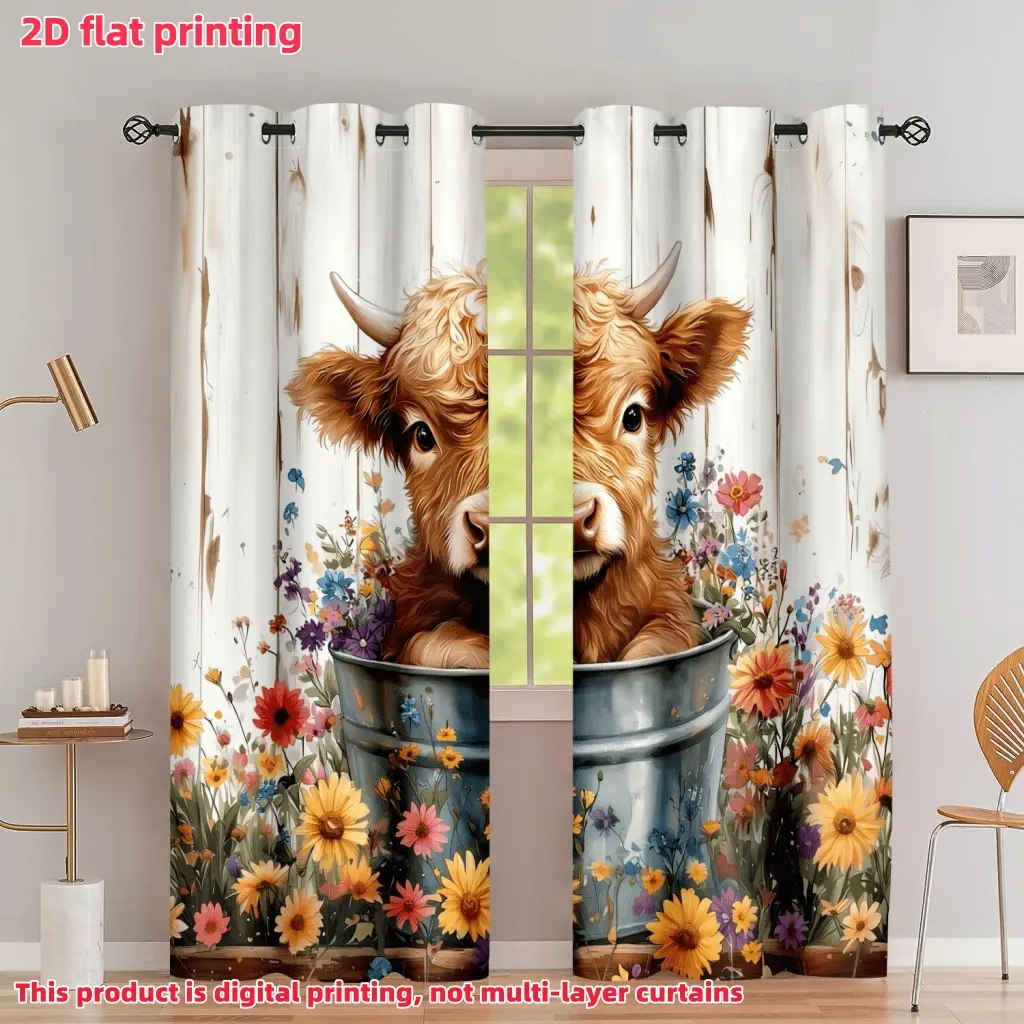 2D Flat 2Pcs Cute Fluffy Highland Cow Curtain Panels, Farmhouse Style Animal Print Curtains, Wildflower Decor for Living Room Bedroom Kitchen, Window, Accessory, Anti Privacy.