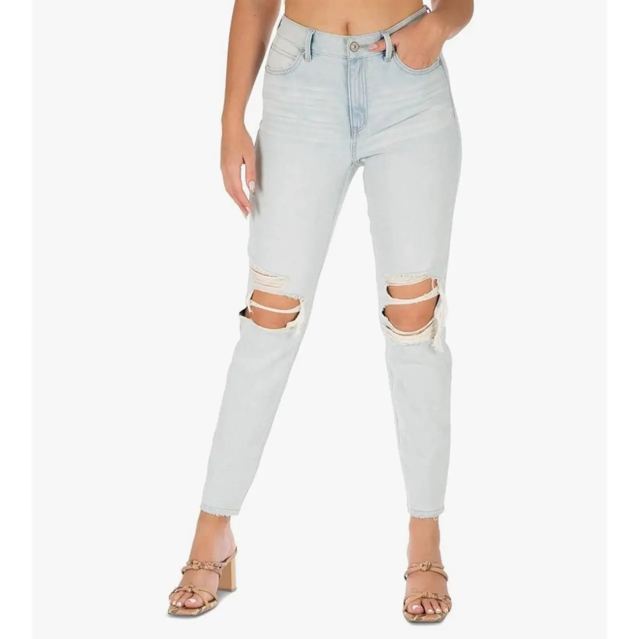 Rewash Women's Solid High Waist Mom Jeans, Cotton 5-Pocket Denim with Distressed Ripped Knees, Streetwear Casual Wear, Machine Washable
