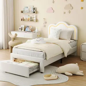 Twin Bed Frame with Drawer, Upholstered Adjustable Headboard & Smart LED, PU Princess Platform Bed for Girls/Kids