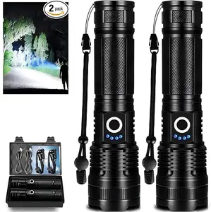 2-Pack Rechargeable Zoomable Flashlights - Includes wrist strap and storage case. High-lumen LED work light with 5 modes. Perfect for camping, hiking, family trips, emergencies, and holiday gifts.