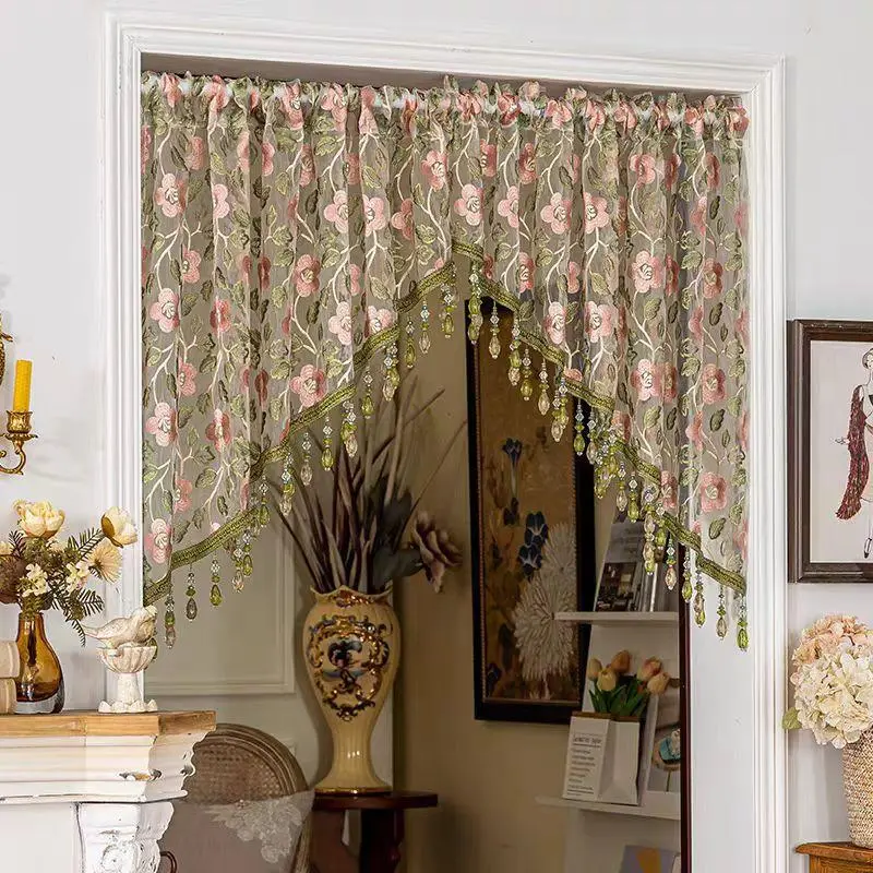 Sheer Floral Lace Doorway Curtain with Beaded Tassels, Embroidered French Country Door Curtain, Elegant Room Divider for Bedroom Closet Kitchen Entryway Home Decor