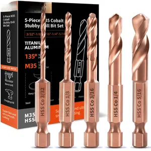 M35 Cobalt Stubby Drill Bit Set for Metal & Stainless Steel, SAE Sizes 3/32"-1/8"-3/16"-1/4"-5/16", 5- Carbide Drill Bits with 1/4" Hex Shank for Quick Chucks & Impact Drivers