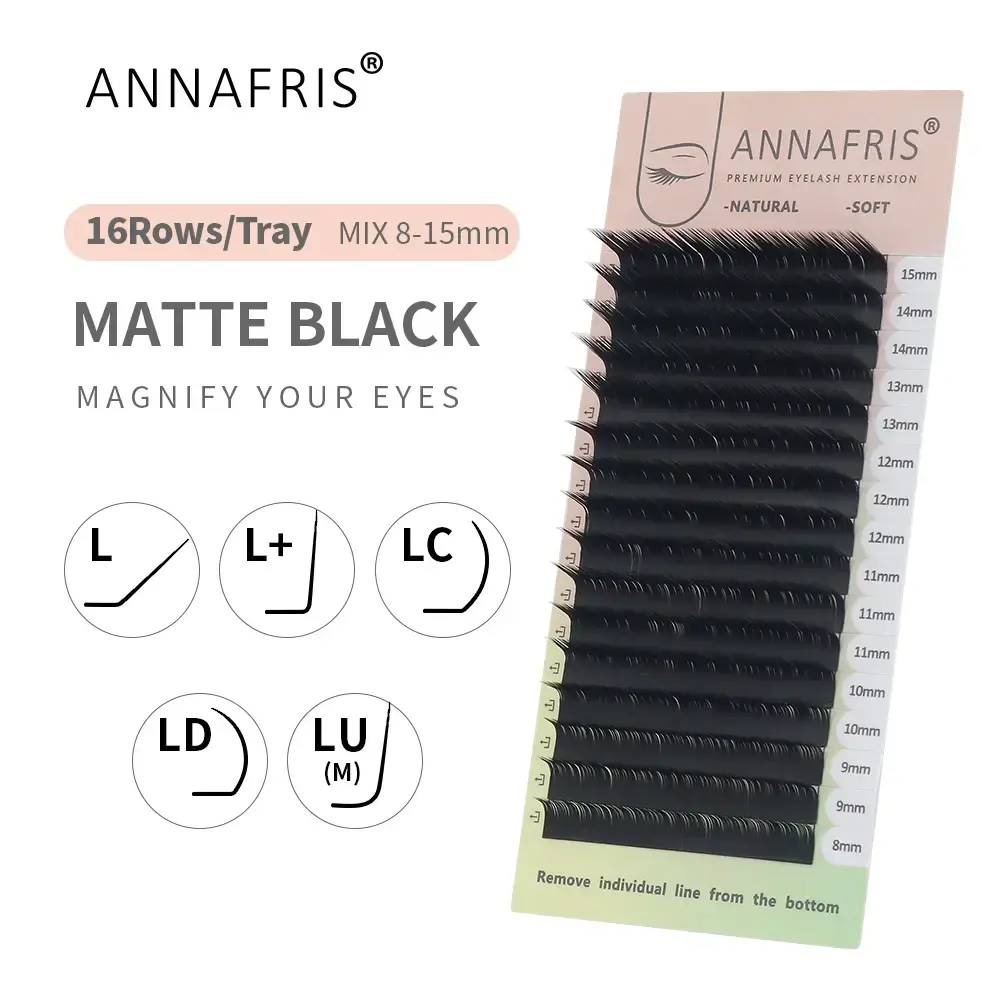 ANNAFRIS 16rows 8~15mm Mixed L-Shaped Eyelashes Extension Natural Soft Mink Matt Black L/L+/LC/LD/LU(M) Curl Individual Lashes 2026 New