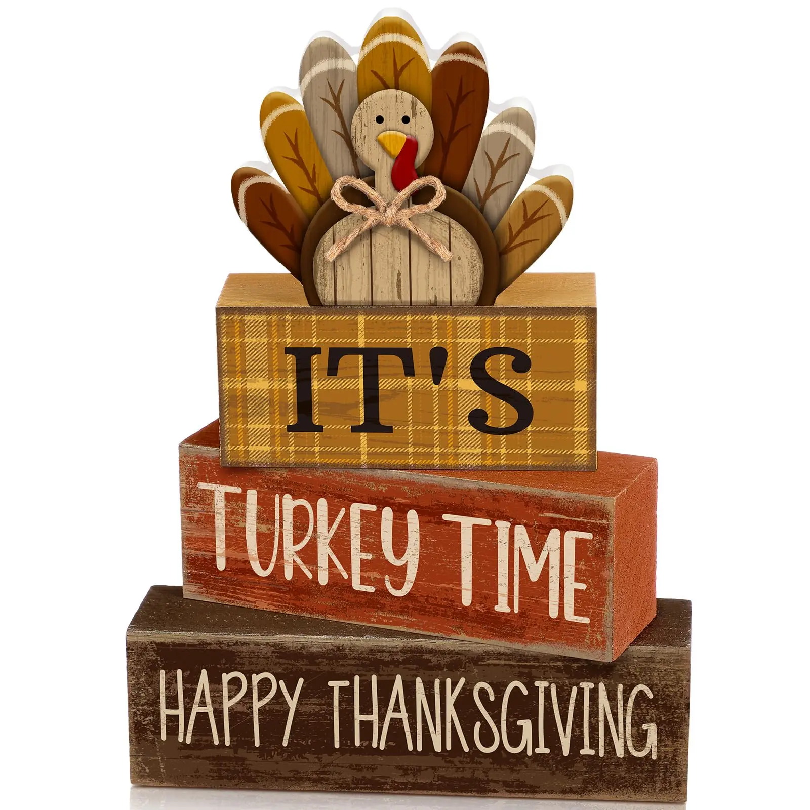 4 Pcs Thanksgiving Table Decorations Wooden Turkey Tiered Tray | Rustic Farmhouse Centerpiece with Turkey Time Signs, Kitchen or Dining Display, Stackable Blocks Gift for Fall Harvest