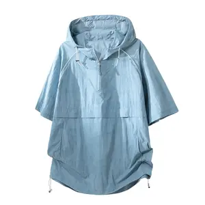 Men’s summer American-style ice silk hooded short-sleeve lightweight athletic half-zip casual top; men’s solid-color stylish versatile minimalist everyday short-sleeve #SummerVibes