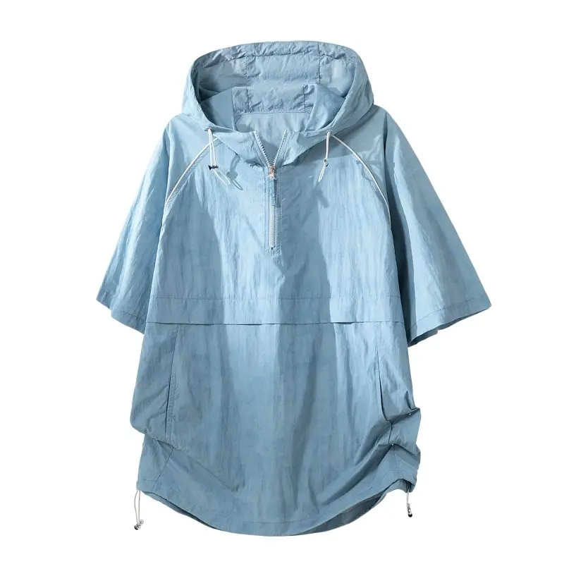 Men's Plain Minimalist Silk Half-Zip Hooded Shortsleeve Anorak Jacket - Adjustable Hood & Hem Drawstring, Side Pockets, Curved Hem, Lightweight Menswear Outerwear for Outdoor Hiking, Beach Vacation