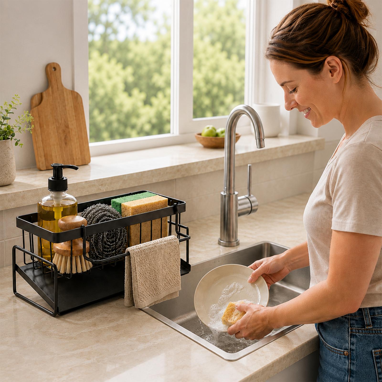 UFORU Compact Modern Freestanding & Space-Saving Kitchen Sink Caddy, Rust-Resistant Metal Organizer with Built-In Drip Tray, Brush Holder, Dishcloth Bar, Countertop Rack for Dish Soap & Scrubbers, Black/Gray, Collects Water And Soap Residue, House Organiz