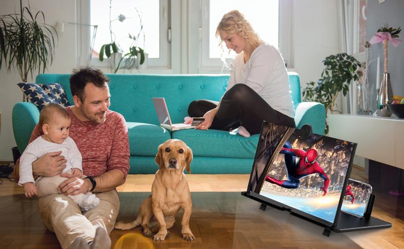 12英寸手机屏幕放大器，3D高清手机放大投影屏幕，适用于电影、视频，可折叠手机支架带屏幕放大器，支持所有智能手机（黑色，12英寸）