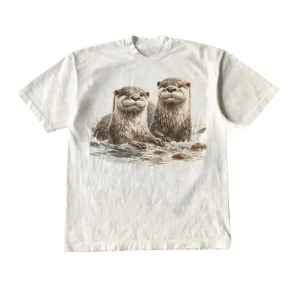 Y2K Vintage Two River Otters Graphic T Shirt, 90s Retro Wildlife Tee, Cute Animal Streetwear Unisex Shirt, Boho Nature Aesthetic Top, Unique Gift For Otter Lovers