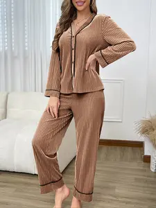 Women's pajama set, button-down long-sleeved shirt with elastic waist loose trousers home wear, Soft ribbed velvet knit fabric, casual and elegant, machine washable, Loungewear, Nightwear