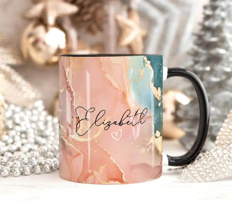 Peach Marble 11oz Accent Coffee Mug, Personalised Mug, Custom Name Cup, Coffee Tea Cup Gift For Her, Valentines Gift For Her Him, Sister Mum Birthday Gift