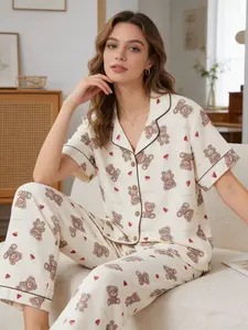 Women's Cute Bear Heart Design Woven Sleepwear Set, Open Front Short Sleeve Top & Long Pants, Casual Home Wear, Fit, Perfect for Vacation, Pajama, Loungewear, Homewear, Pjs, Lady