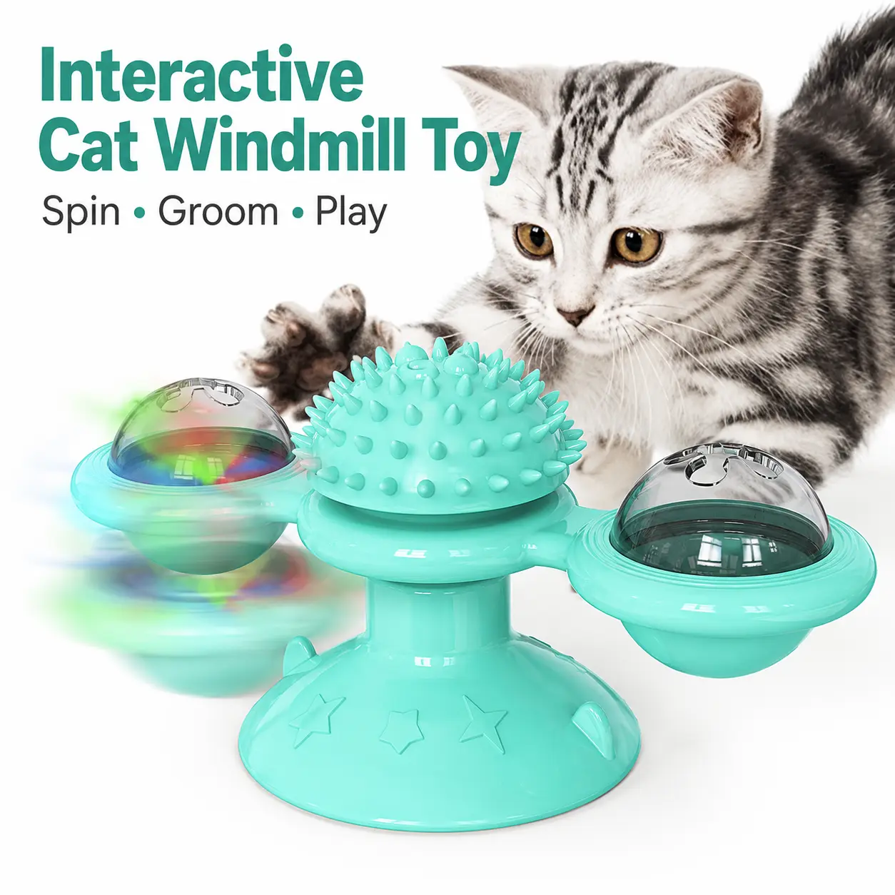 Interactive Spinning Windmill Cat Toy with Self-Grooming Brush, Itch-Relief Massage Spikes, Suction Cup Base, Indoor Play Toy for Kittens and Cats**