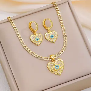 Fashion Jewelry Set Devil's Eye Necklace Heart-Shaped Copper Light Luxury High-End Necklace Earrings Ear Jewelry