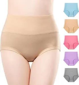 Ladies Comfort Cotton Underwear 5 Pack High Waist Briefs Tummy Control Stretch Panties Underpants for Women solid simple Panty Womenswear