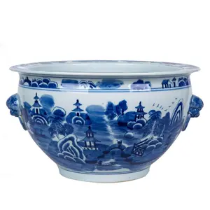 Blue and White Mountain Pagoda Porcelain Planter with Lion Head Handle