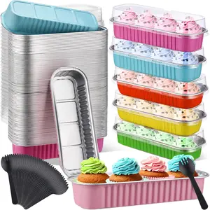 180 Pcs Mini Loaf Pans with Lids and Spoons 6.8 oz Rectangular Aluminum Foil Baking Pans Mini Cake Tins for Bread Desserts (Pastel)