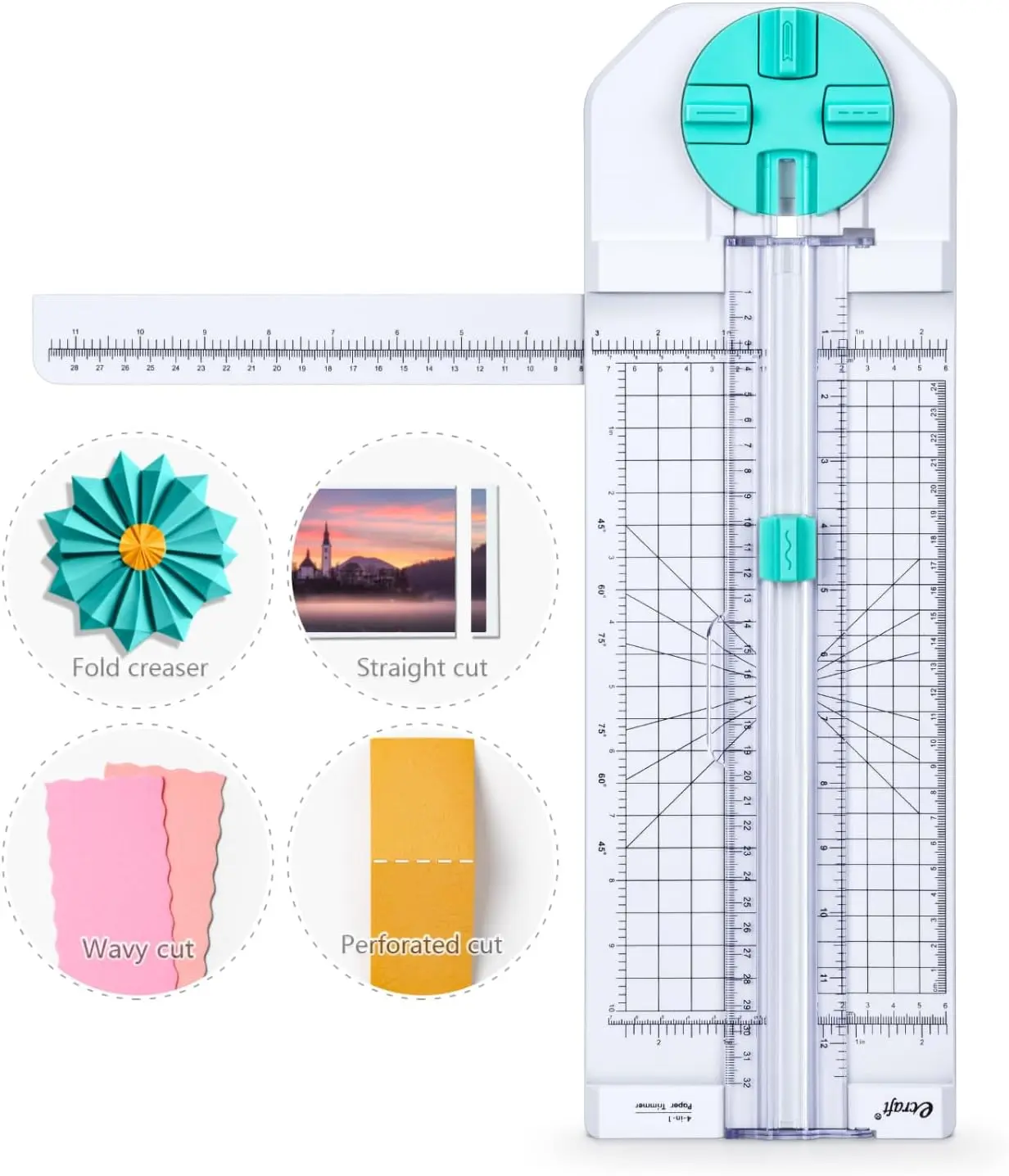 4-in-1 Rotary Paper Trimmer - Multi-Function Craft Paper Cutter with Fold Creaser, Straight, Perforated & Wavy Cut Blades, Portable Scrapbooking Tool