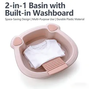 New Laundry Tub with Washboard, Durable Plastic Washing Basin for Hand Washing Delicates, Space‑Saving Lightweight Washbasin for Home Apartment Travel Use