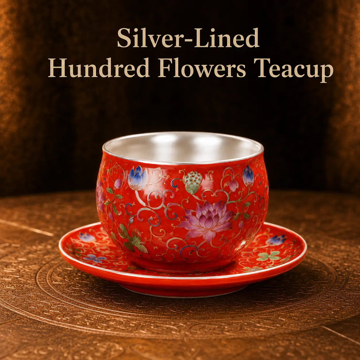 100-Flower Full Bloom Silver-Lined Enamel Porcelain Teacup and Saucer Set, Traditional Blue, Red, and Pink Kitchen Drinkware
