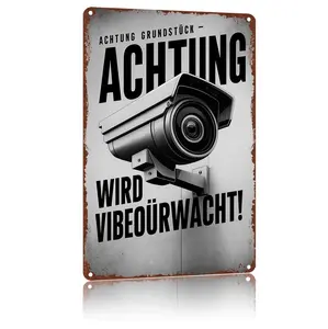 Wall Decor Metal Warning sign 8X12Inch "Achtung Grundstück - Wird Videoüberwacht!"，High-Definition Print Tin Poster, Weatherproof & Rust-Resistant for Home, Patio, Garden, Porch & Outdoor Spaces, Durable Wall Art，Aluminum Plaque Gift