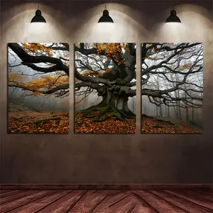 Set of 3 Canvas Art Wall Decoration Old Tree in Misty Forest with Thick Branches for Bedroom Living Room Home Decoration Ay3770 Easy to Hang with Frame and Hardware Kit