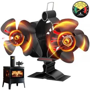 Wood Stove Fan, 8-Blades Wood Burning Stove Fan, Heat Powered Fan with Magnetic Thermometer, Outdoor Fireplace Accessories