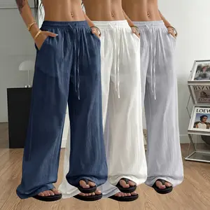 3-pack women’s summer casual pants, drawstring waist + side pockets, lightweight and breathable—no sweaty feeling, drapey wide-leg fit; suitable for beach, vacation, and everyday wear; a summer essential.