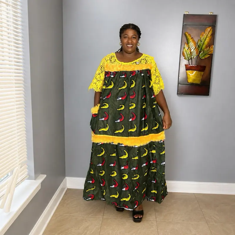 Mavelline African Wear Shop Women's African Kaba Maxi Dress - Vibrant Print, Stunning Neckline, Detailed Sleeves, Comfortable Elegant Fit - Ideal for Church, Weddings