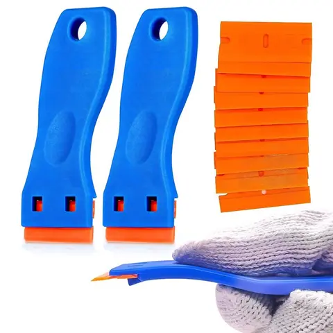 Father's Day Gift Plastic Razor Blade Scraper Tool Set - 2PCS Compact Ergonomic Handle Scrapers, 100pcs Flexible Blades, Glass & Car Safe No-Scratch Remover, Travel-Ready Kit for Glue & Label Lift, Car, Bathroom, Kitchen