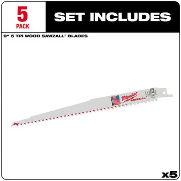 Milwaukee 48-00-5036 5PC 9" 5 TPI Sawzall Blades, Heavy-Duty Cutting Tool for Wood with Longer Life, Inches