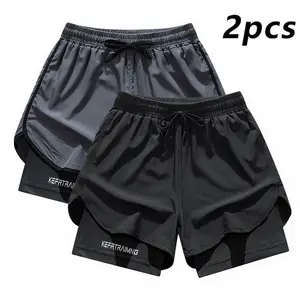 2-pack men’s double-layer quick-dry athletic shorts, American professional fitness style, ice silk breathable quick-dry fabric, built-in anti-exposure lining paired with side slit design, elastic drawstring waist for a comfortable fit that doesn’t pinch,
