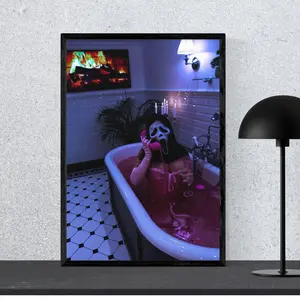 Scream Ghostface Bathtub Poster, Horror Aesthetic Wall Art, Pink Bathroom Creepy Glam Decor