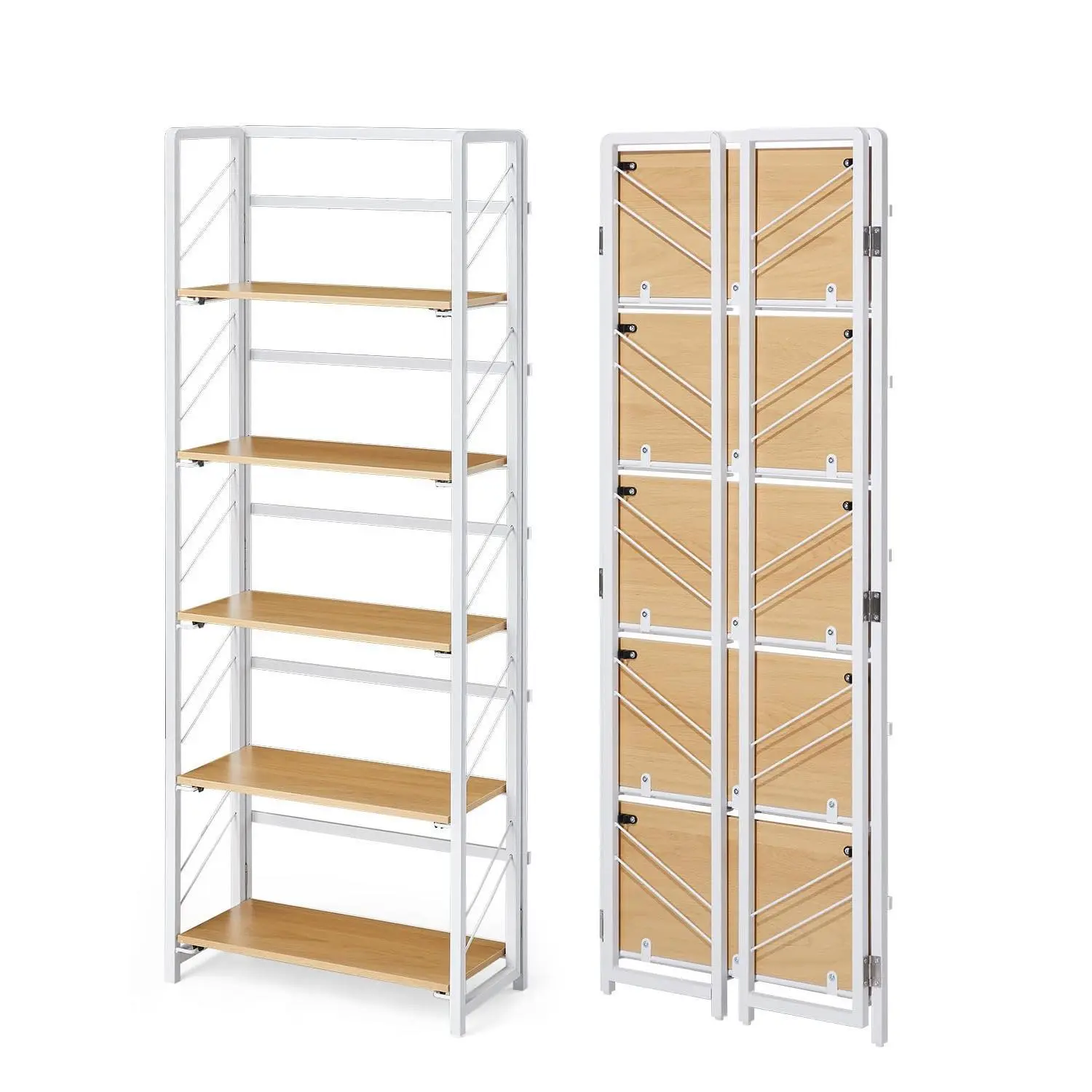 Garvee 5 Tier Folding Bookshelf - Vintage Style No Assembly Required Bookcase and Storage Shelves, Standing Rack Organizer for Home and Office in Beige White