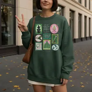 Retro Changed For Good Wicked Shirt, Design Wicked Shirt in Stamp Style, Pink with Green Musical Sweatshirt, Broomstick Magic Wand Sweater