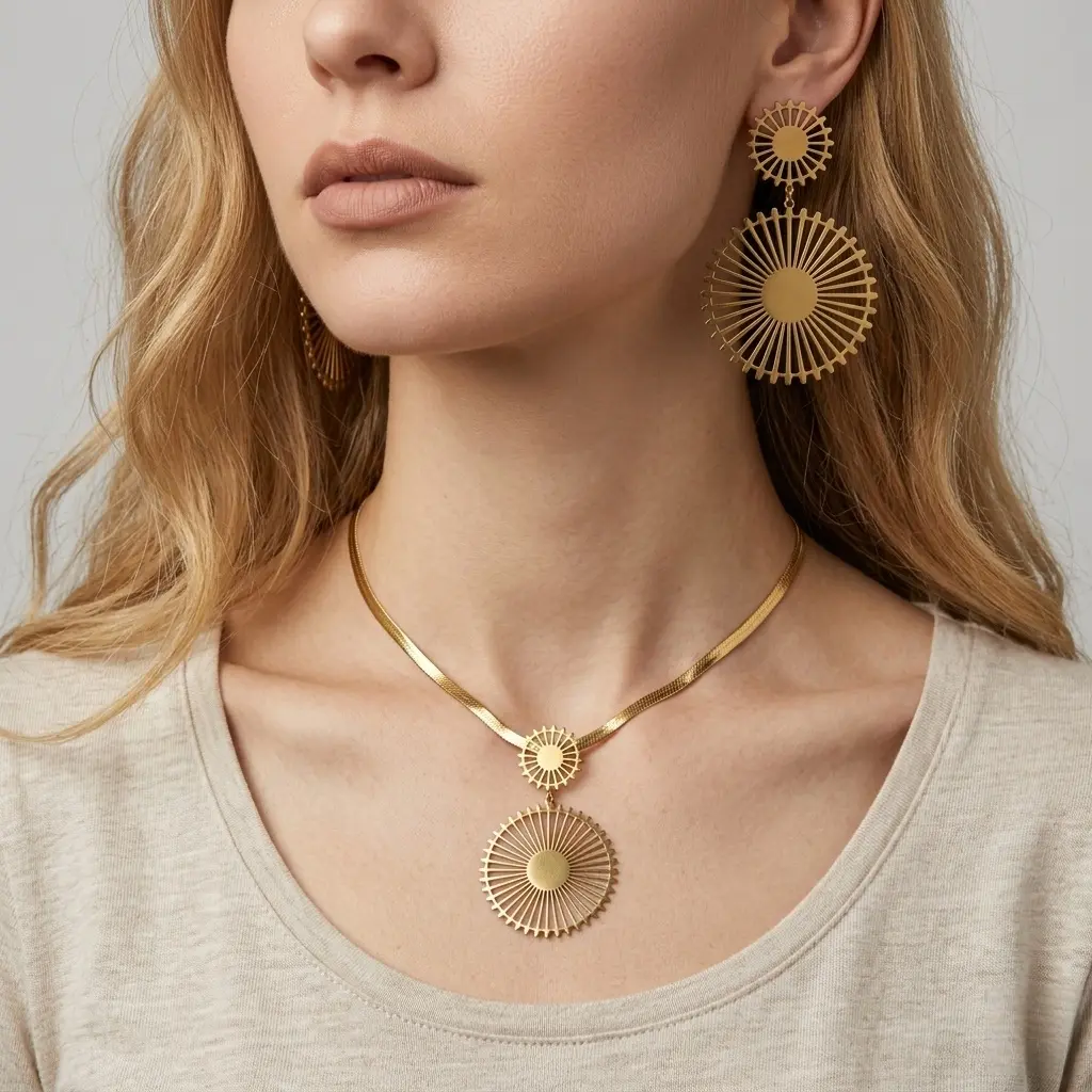 Women's 2-Piece Non-Tarnish Metal Coating Fashion Jewelry Set - Chic Layered Design Geometric Bar & Disc Necklace, Earring Stack, Waterproof, Elegant for Casual Daily Wear, Anniversary, Ceremony (Choking Hazard Small Parts)