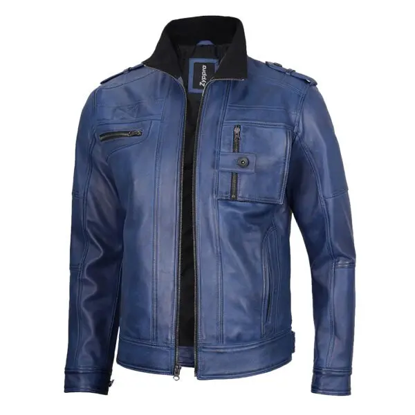 Men's Cafe Racer Blue Waxed Leather Jacket – Sleek & Rugged Motorcycle Outerwear