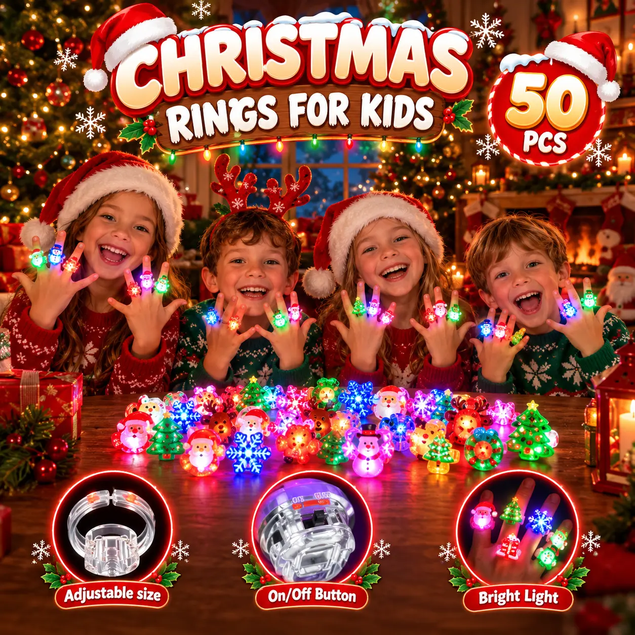 50PCS Colorful Christmas LED Glow Rings Decor Set - 8 Festive Styles, Fun Party Favors, Christmas Stocking Stuffers