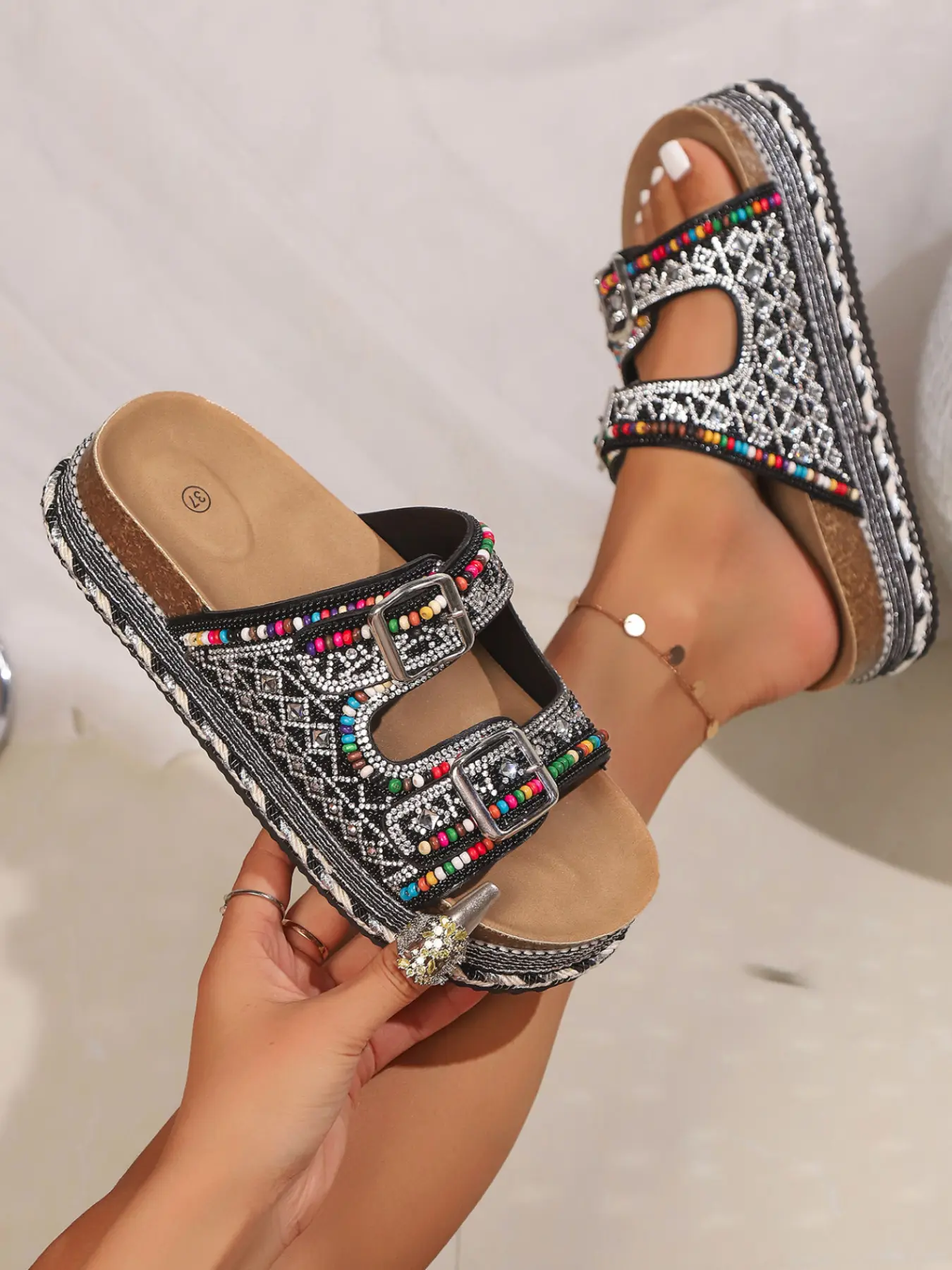 Women's Summer Rhinestone Thick Sole Sandals, Dressy Summer Sandals Boho Style Platform Slippers, 2026 New Metal Buckle Decorative Beach Shoes, Bohemian Style Footwear