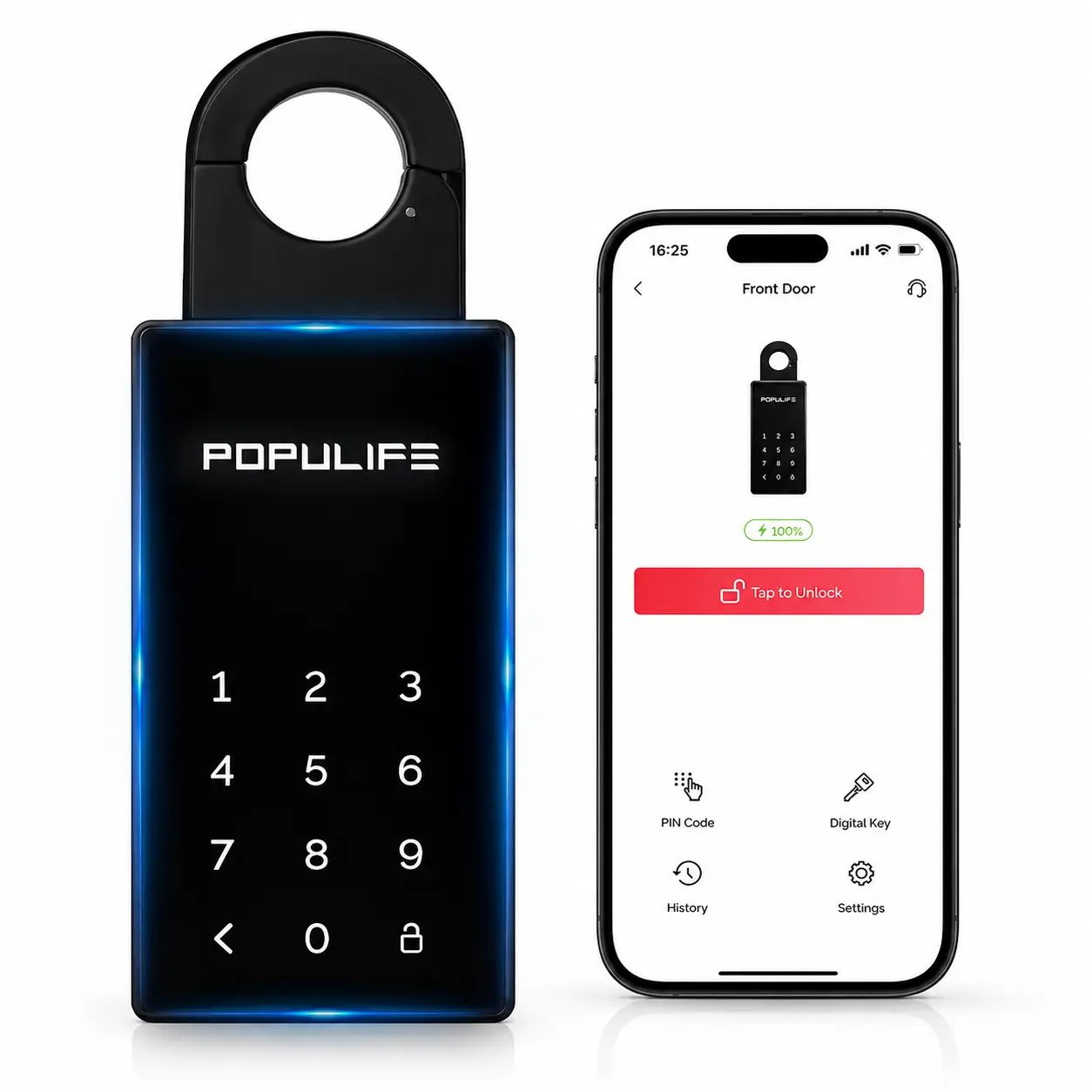 Populife  Smart Key Lock Box, Bluetooth App & PIN Code Access, Outdoor Electronic Key Safe with Type-C Emergency Power for Airbnb, Realtor, Home & Office