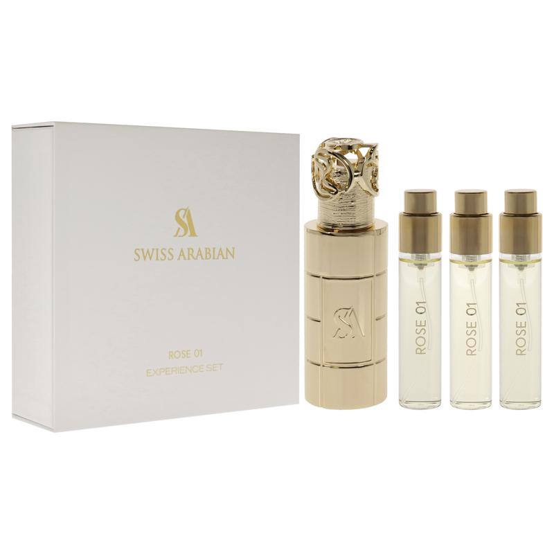 Rose 01 by Swiss Arabian for Unisex - 4 Pc Mini Gift Set 3 x 10ml Perfume Spray, 1 Metal Case