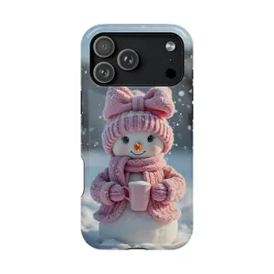 Cute Pink Snowman Christmas Phone Case – Cozy Winter Holiday Design, Cute Phone Case, Funny Gift, Gift for Women, Mom, Sister, Friend, Him/ Her, Birthday - iP Xr, 11, 12, 13, 14, 15, 16, 17, S21, 22, 23, 24, 25 - Tough Case, MagSafe Case, Phone Case