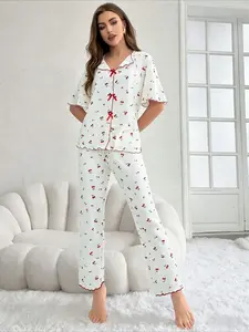 Women's Cherry Print Pajama Set, Bow Short Sleeve Top and Long Pants, Comfortable Loose Cute Elegant Homewear, Spring Summer Sleepwear